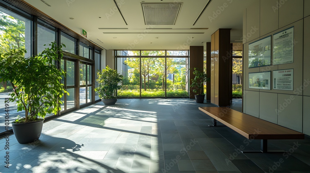 75. A spacious lobby with a simple bench and natural light