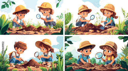 Kids archaeology cartoon vector concepts. Children boy girl shovel magnifying glass soil pile archaeologists excavation explore pit meadow little diggers searching artifacts illustrations artworks