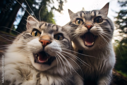 Adorable cute cats are taking selfie shots. Concept of friendship and freedom. AI generated