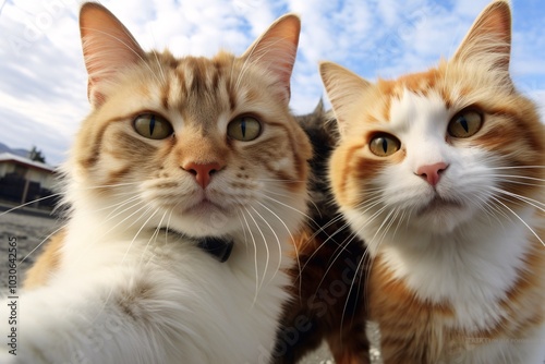 Adorable cute cats are taking selfie shots. Concept of friendship and freedom. AI generated