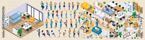 Isometric Kit for creating a student dormitory. Large Kit of furniture and Characters, Personage. Create your own unique design N4