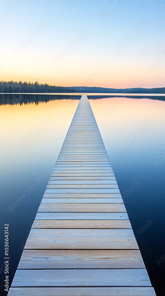 Naklejka premium Wooden dock extending into a calm lake at sunrise.