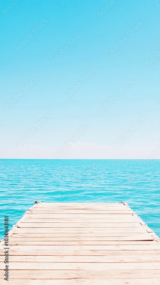 Wooden pier extending into a calm, turquoise ocean against a bright blue sky. Wooden pier extending into a calm, turquoise ocean against a bright blue sky.
