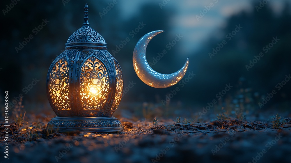 Modern Ramadan themed minimalistic background with a sleek Arabic lantern and a silver crescent moon both illuminated softly placed against a subtle gradient backdrop for a refined look