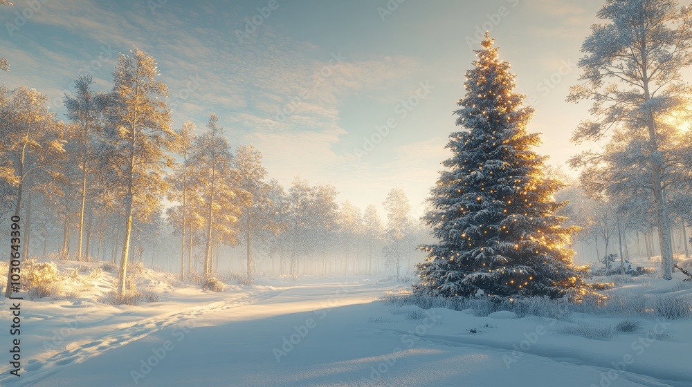 A magnificent Christmas tree stands tall in the forest, decorated in white and gold, with a simple yet creative composition showcasing the trees in a clean environment A magnificent Christmas tree stands tall in the forest, decorated in white and gold, with a simple yet creative composition showcasing the trees in a clean environment
