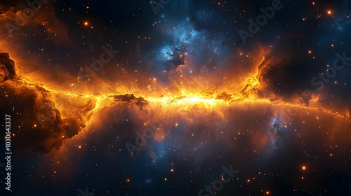 A vibrant cosmic scene depicting a nebula in deep space.