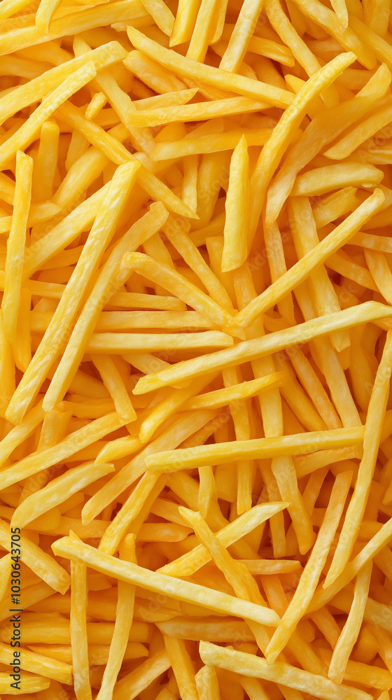 Crispy golden French fries arranged in delightful overhead view Crispy golden French fries arranged in delightful overhead view
