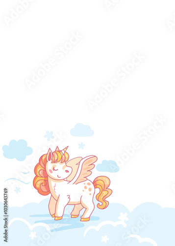 Cartoon unicorn is flying in the sky, surrounded by clouds, ideal for children s projects. Vector illustration.