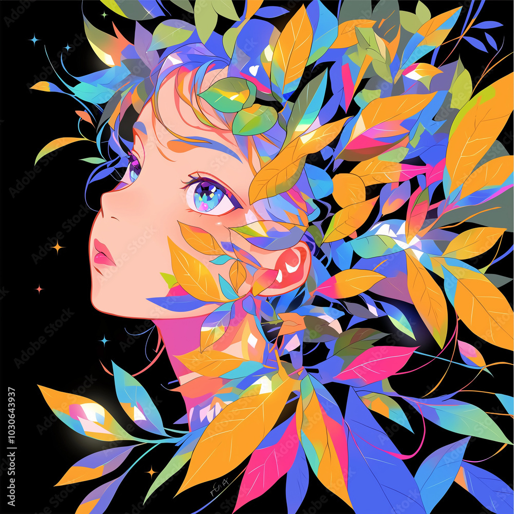 Naklejka premium The girl's head is covered with colorful leaves