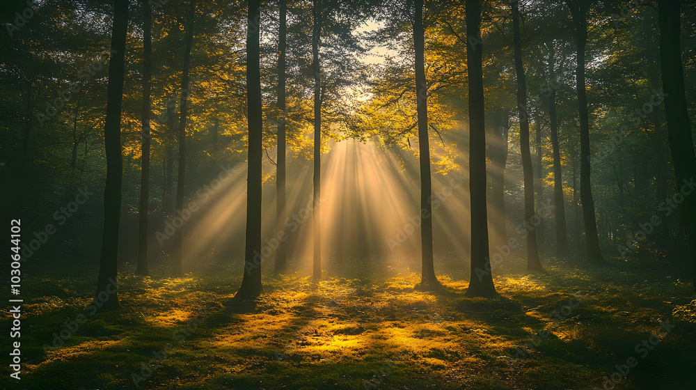 Naklejka premium Sunlight streaming through trees in a serene forest setting.