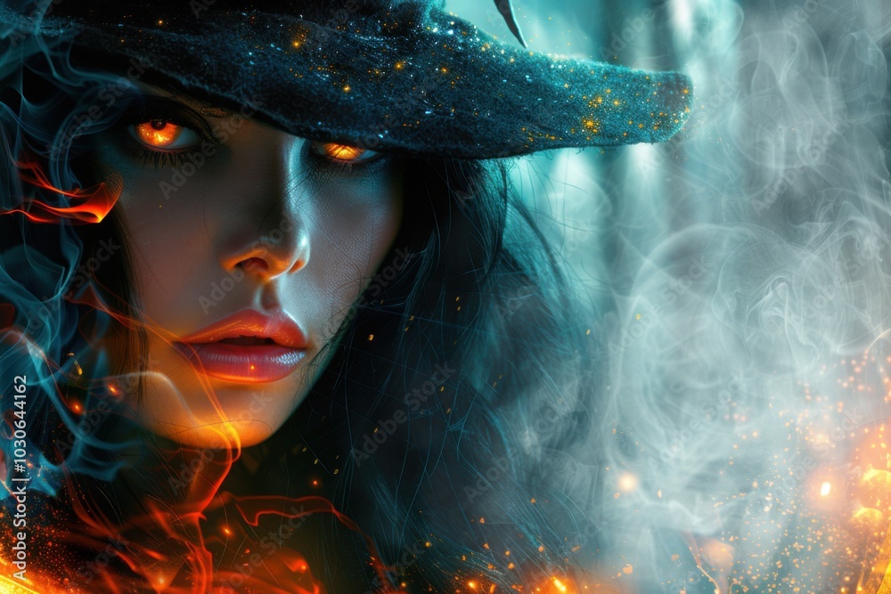 A closeup of a witch with glowing eyes and a hat surrounded by magical flames and smoke creating an intense Halloween atmosphere
A closeup of a witch with glowing eyes and a hat surrounded by magical flames and smoke creating an intense Halloween atmosphere