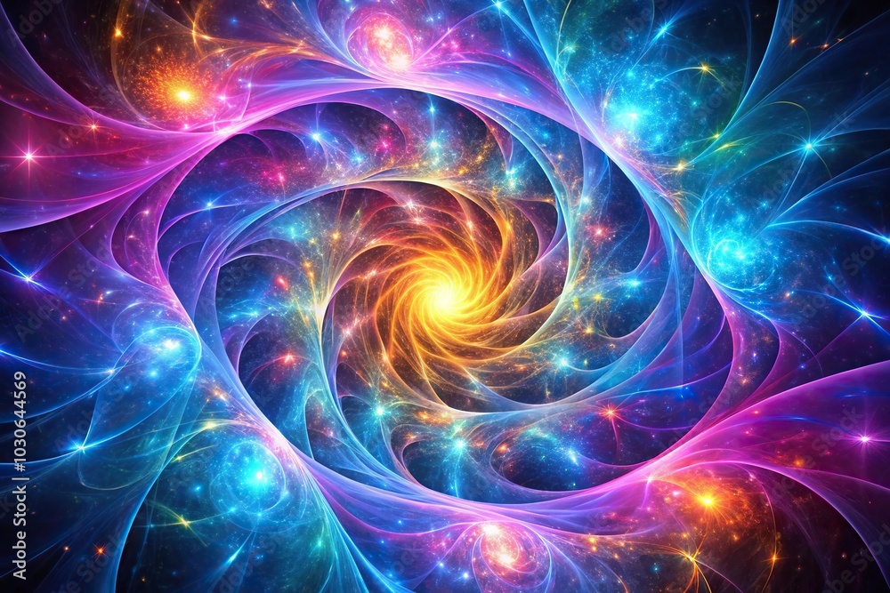 Hypnotic abstract neon fractal wallpaper spinning in celestial space