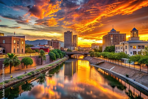 Vibrant sunset casts a warm orange glow on the Rio Grande River, bordering the eclectic mix of modern and historic architecture in El Paso City. photo