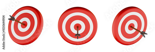 Arrow aimed right at the target, success, accuracy, competition or strategy symbol, target, archery bullseye, isolated on transparent background. 3D render