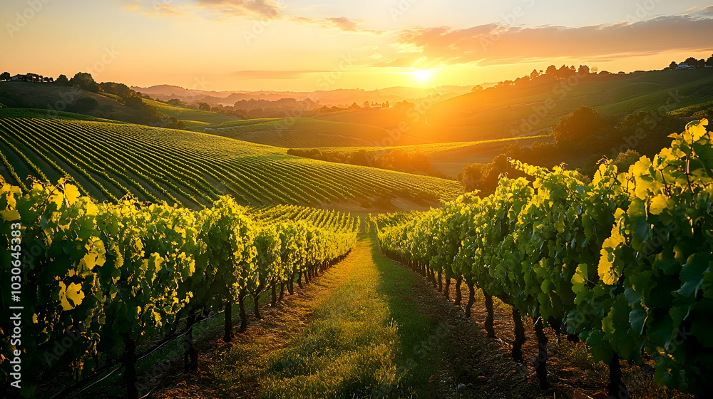Naklejka premium Scenic vineyard landscape at sunset with lush grapevines.