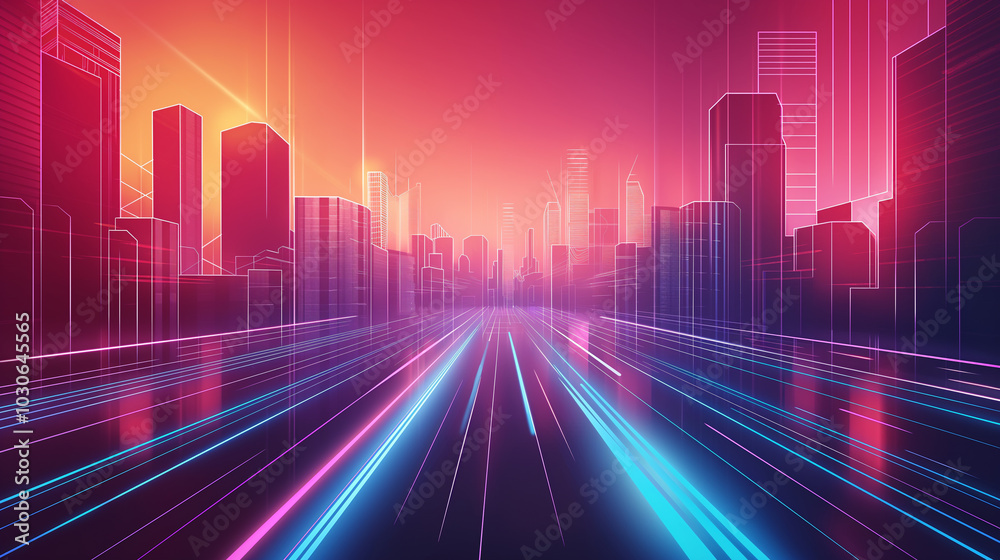 Glowing high-rise buildings and roads Glowing high-rise buildings and roads