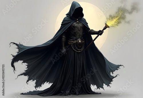 Realistic death hood, scary black robe. Isolated 3d vector eerie hooded grim reaper Halloween figure, cloaked in a dark, long, flowing gown, embodying essence of death, mystery, horror and anonymity
 photo