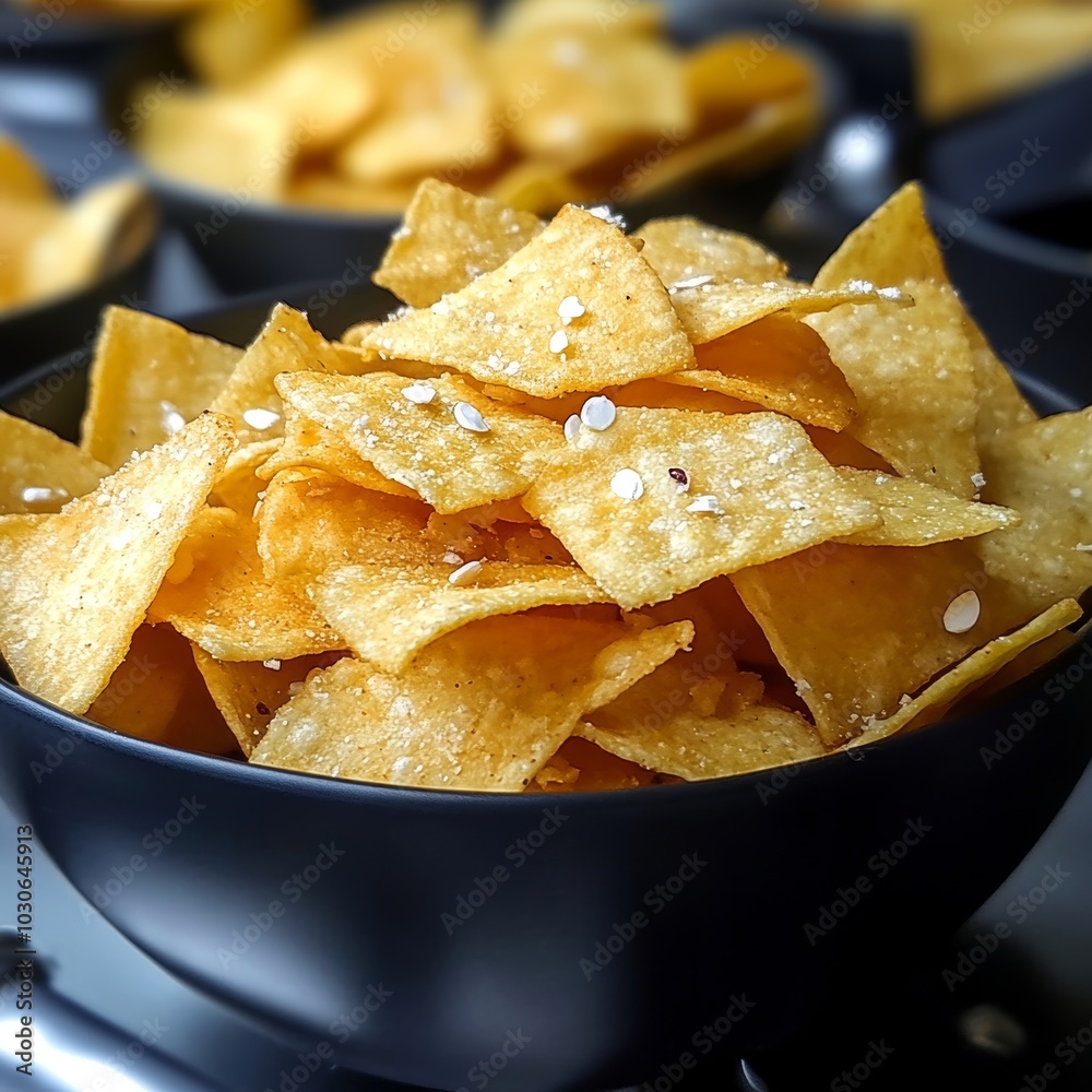 Close Up, Crispy Golden Triangle Tortilla Chips with Sesame Seeds in Black Bowls, Snack Food Close Up, Crispy Golden Triangle Tortilla Chips with Sesame Seeds in Black Bowls, Snack Food