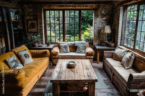 A cozy living room with wooden tables and couches. photo