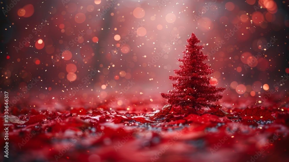 Red Christmas Tree Standing on Leaves Covered in Snow on a Blurry Background With Bokeh, with copy space Red Christmas Tree Standing on Leaves Covered in Snow on a Blurry Background With Bokeh, with copy space