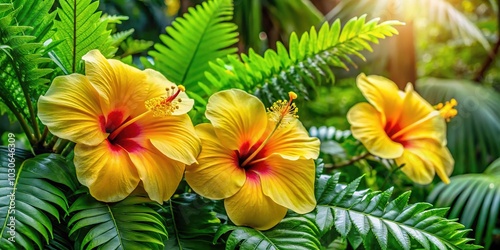 Vibrant yellow hibiscus blooms amidst lush greenery, surrounded by exotic Monstera deliciosa leaves and delicate fern fronds in a warm, sunny tropical oasis setting. photo