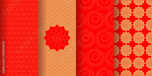 Chinese seamless patterns set. Decorative design inspired by Chinese New Year 2025, year oh the snake. Vector isolated illustrations.