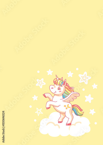 Magical unicorn with a rainbow mane and tail is prancing on a cloud, surrounded by sparkling stars. Vector illustration.