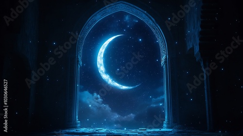 Mystical arched window framing a crescent moon in a deep blue night sky Soft glowing stars twinkle outside the window casting ethereal light into the room perfect for Ramadanthemed imagery photo