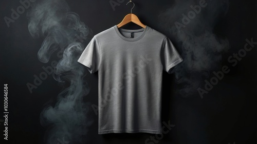 Gray t-shirt hanging on wooden hanger surrounded by smoke