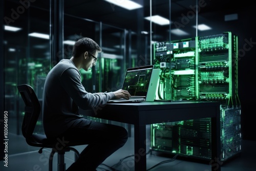 IT worker working on a laptop server electronics furniture.