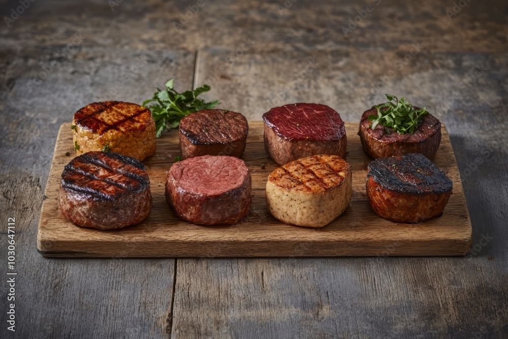 Assorted grilled meat cuts on wooden board Assorted grilled meat cuts on wooden board