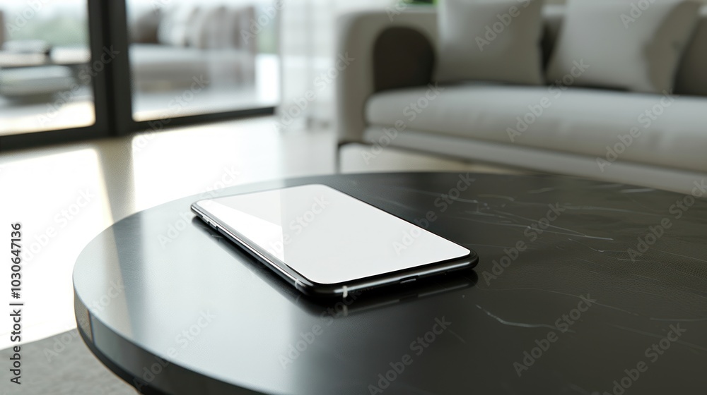 Smartphone on a Table in a Modern Living Room Smartphone on a Table in a Modern Living Room