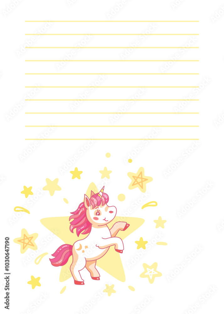 Cute cartoon unicorn with pink hair is standing on a yellow star with its front legs raised on a starry background with an empty page for notes. Vector illustration Cute cartoon unicorn with pink hair is standing on a yellow star with its front legs raised on a starry background with an empty page for notes. Vector illustration