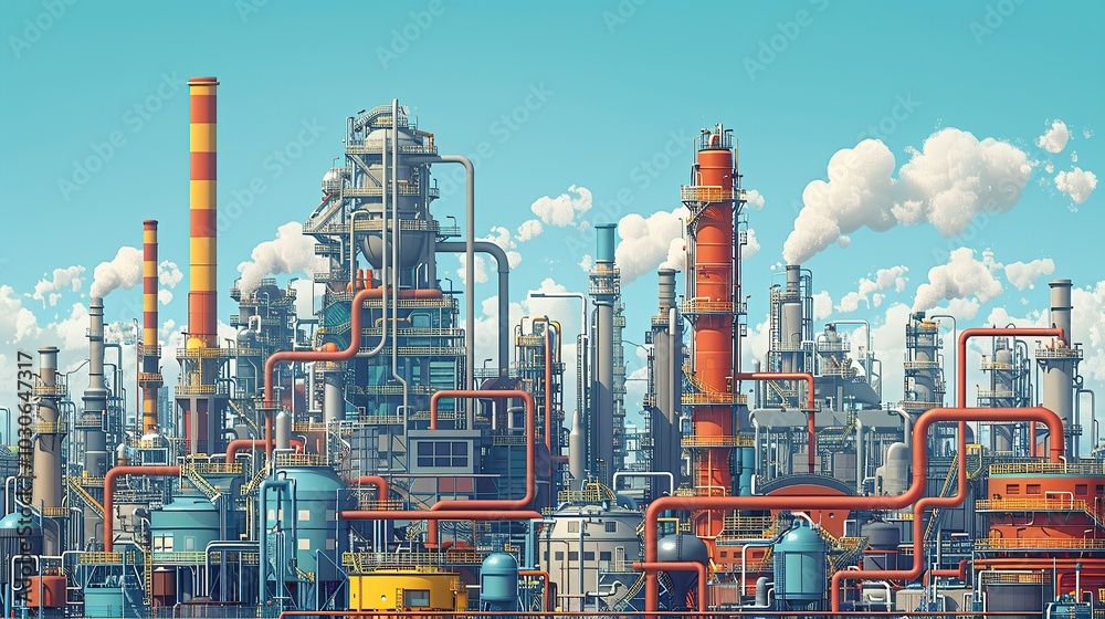 Industrial background featuring an exterior view of a chemical plant with a dense tangle of pipes and ducts against buildings and smokestacks. Oil refinery, factory, illustration. High resolution Industrial background featuring an exterior view of a chemical plant with a dense tangle of pipes and ducts against buildings and smokestacks. Oil refinery, factory, illustration. High resolution