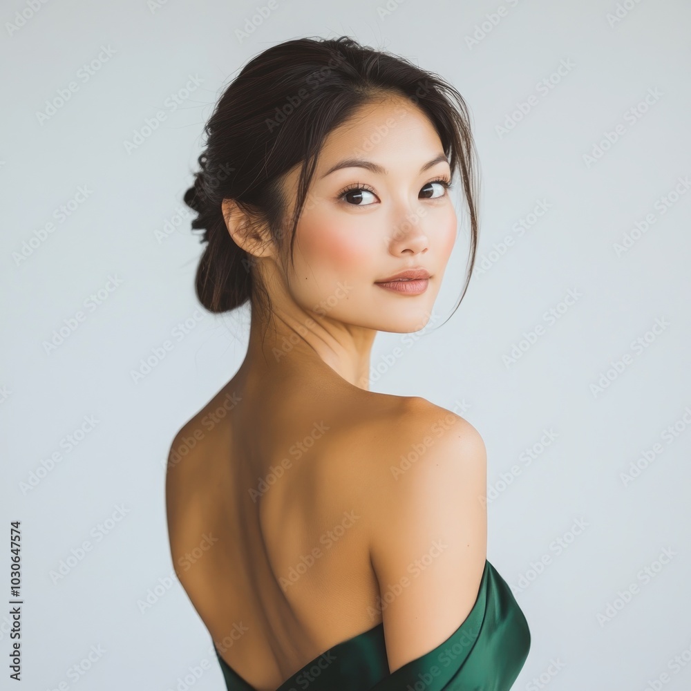A woman with an elegant hairstyle poses gracefully in a green dress against a light background. A woman with an elegant hairstyle poses gracefully in a green dress against a light background.