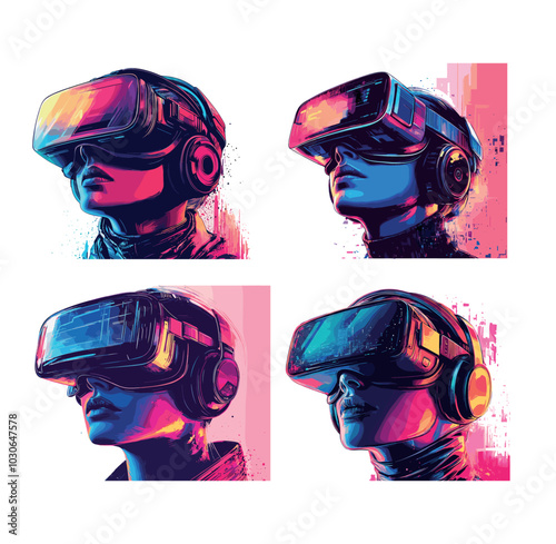 Metaverse vr technology head set cartoon vector concepts. Woman heads gear augmented goggles virtual reality avatars portraits, cyberspace universe grunge splashes lines background isolated artworks