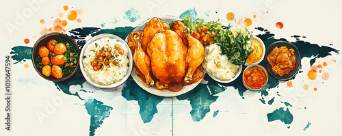 A delicious meal of roasted chicken, rice, vegetables, and sauces served on a world map background.