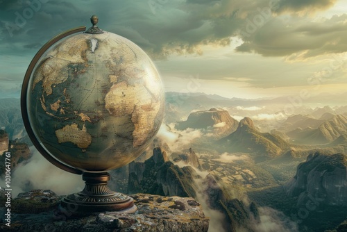 Old globe representing the concept of travel and adventure with a mountain range in the background
