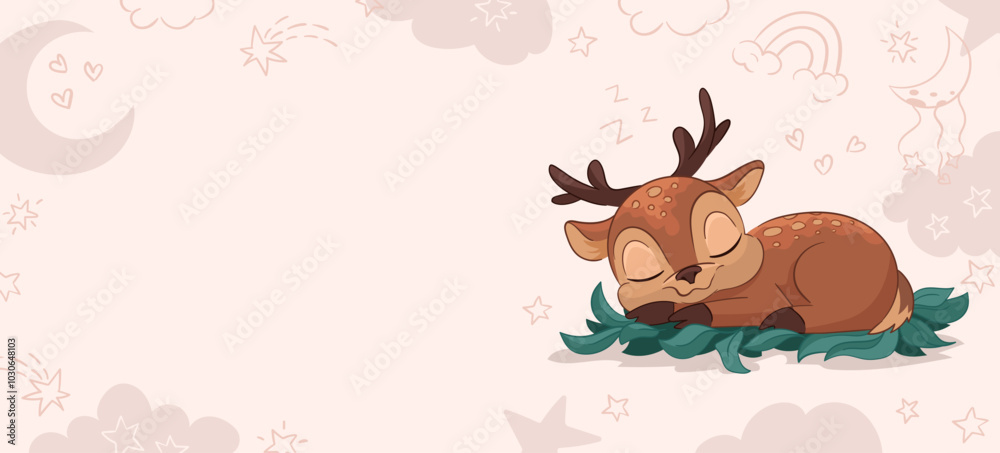 Kids background with cute sleeping deer with moon, stars, rainbow and clouds and empty space for text. Newborn room decoration. Vector cartoon illustration for designs, prints, patterns Kids background with cute sleeping deer with moon, stars, rainbow and clouds and empty space for text. Newborn room decoration. Vector cartoon illustration for designs, prints, patterns