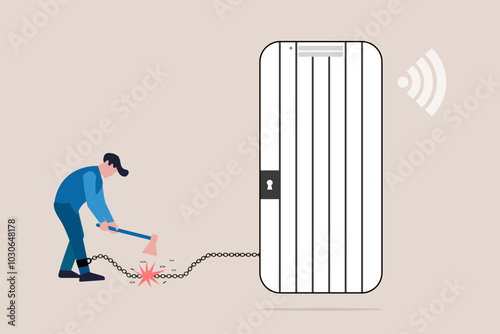 Businessman breaks free from the chain from smartphone with social media, business notifications, work flow. Open shackles