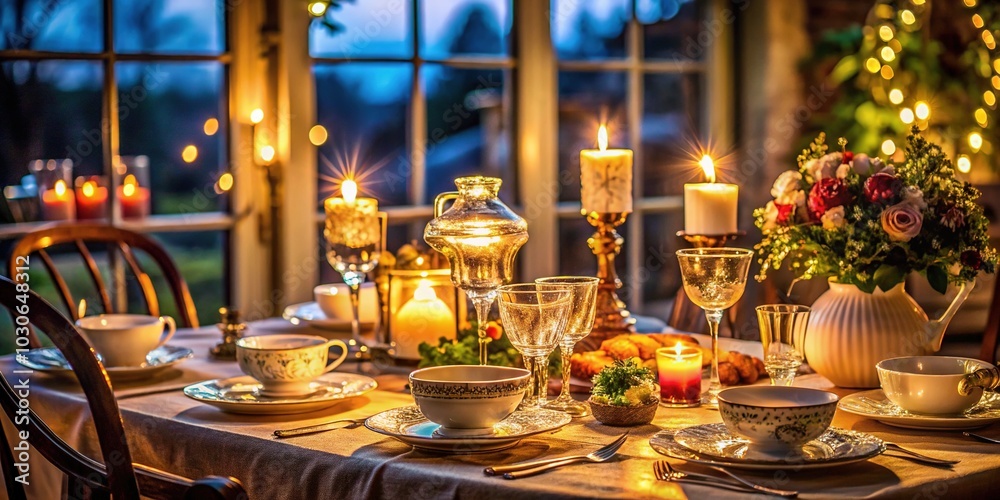 Warmly lit dinner table at night, set with fine china, glasses, and a centerpiece, with a delicious meal awaiting consumption amidst a cozy atmosphere. Warmly lit dinner table at night, set with fine china, glasses, and a centerpiece, with a delicious meal awaiting consumption amidst a cozy atmosphere.