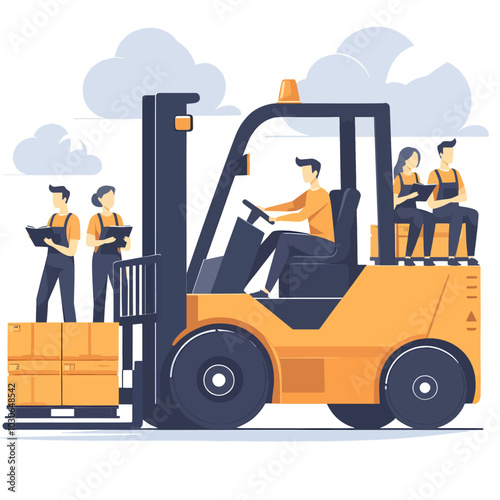 A man is driving a forklift with a group of people sitting on the back