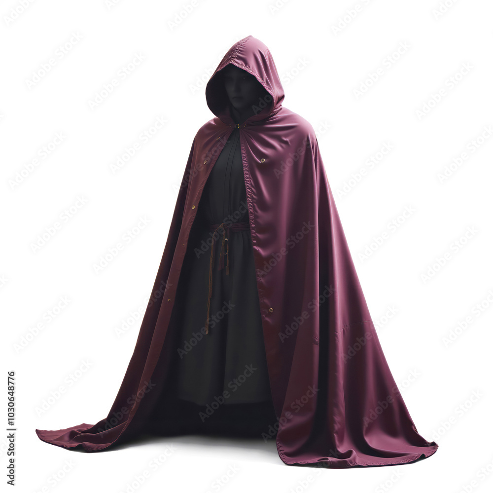 Mysterious person wearing dark cloak and hood standing in studio Mysterious person wearing dark cloak and hood standing in studio