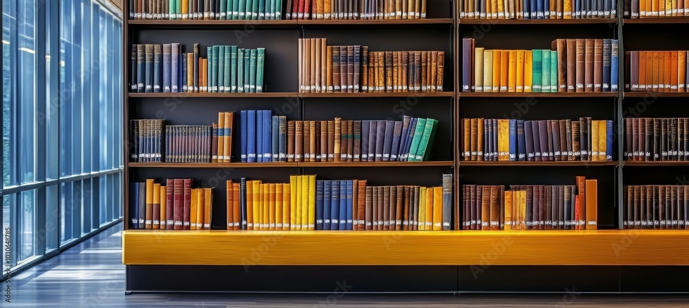 Rows of Books on Library Bookshelves, Library or Bookstore Interior with Large Wooden Bookshelf Rows of Books on Library Bookshelves, Library or Bookstore Interior with Large Wooden Bookshelf
