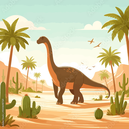 A large dinosaur is walking through a desert with palm trees in the background. The scene is peaceful and serene, with the dinosaur