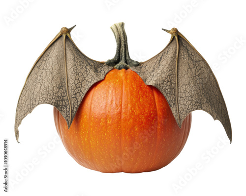 A pumpkin with bat wings, merging Halloween themes of autumn and spooky elements. photo