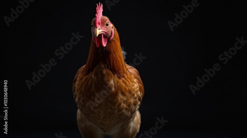 A realistic chicken set against a flat black background, highlighting its detailed feathers and natural stance with vivid clarity. photo