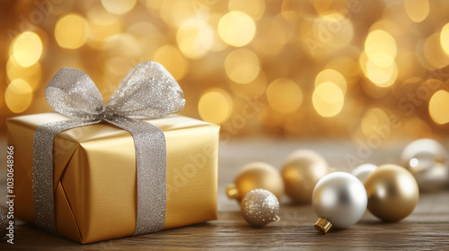 gold gift box with Christmas ornament on wooden table with blurred golden bokeh background photo