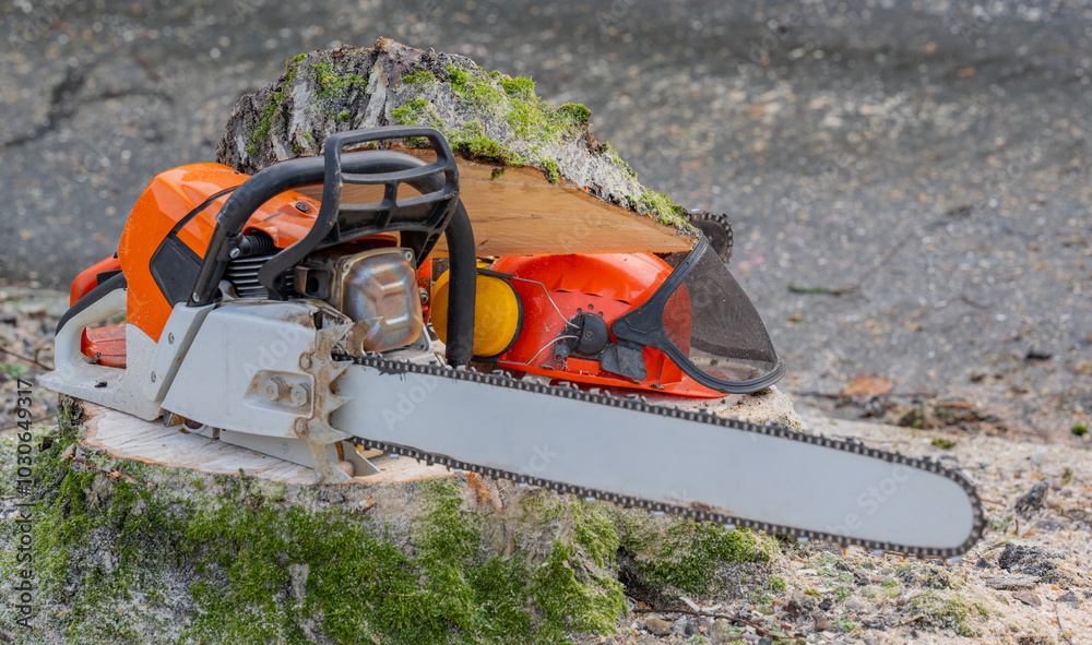 Motorsäge und Sicherheitshelm liegt auf einem Baumstamm, nachdem der Baum gefällt worden ist