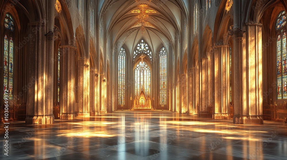 Golden Rays Illuminate Cathedral Interior Golden Rays Illuminate Cathedral Interior